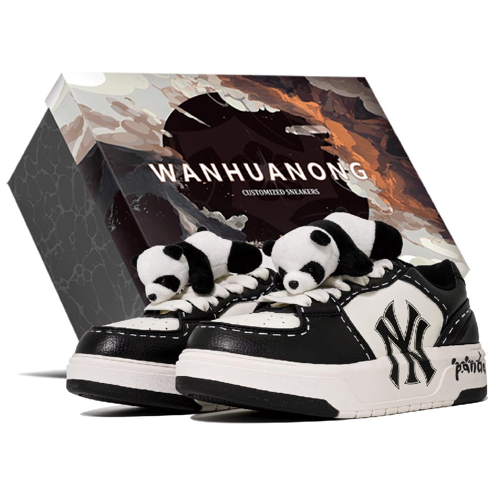 MLB Chunky Liner PU Floral Pattern PANDA Black Shopping Bag Wear-Resistant Low-Top Skateboard Shoes Unisex White Black