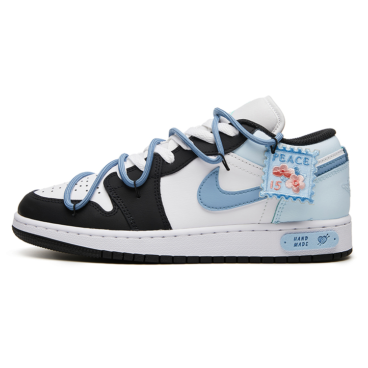 Jordan Air Jordan 1 Low Sea Love Puzzle Abrasion Resistant Low Top Vintage Basketball Shoes GS Black White Blue