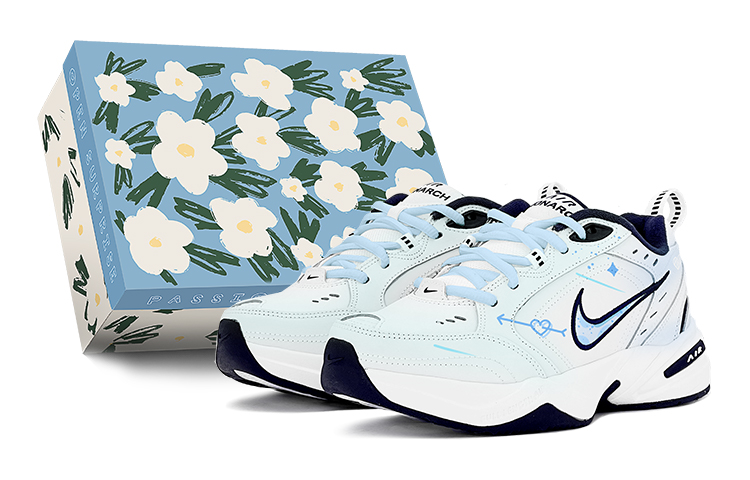 Nike Air Monarch 4 Preppy Style, Blue Camouflage, Cupid Support Low Top Chunky Sneakers Unisex Blue White