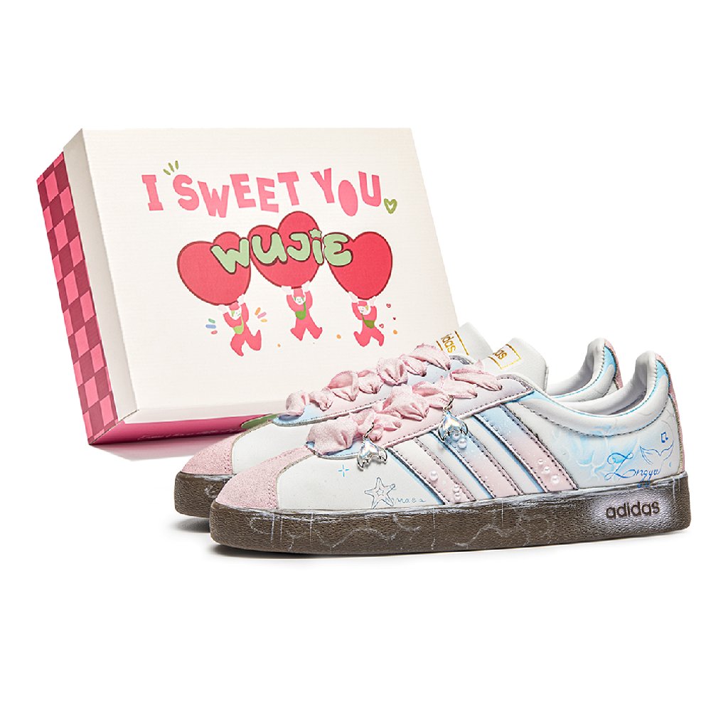 Adidas Neo VL Court 2.0 WuJie, Box, Mermaid Pink Slip Resistant Low Top Skateboard Shoes Unisex Blue Pink