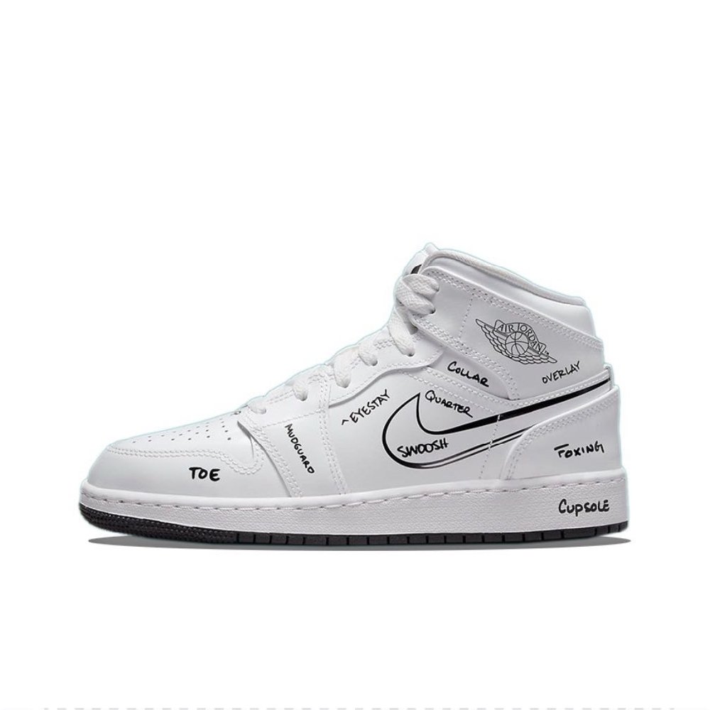 Jordan Air Jordan 1 Panda Slip Resistant Mid Top Vintage Basketball Shoes GS White Black Women's