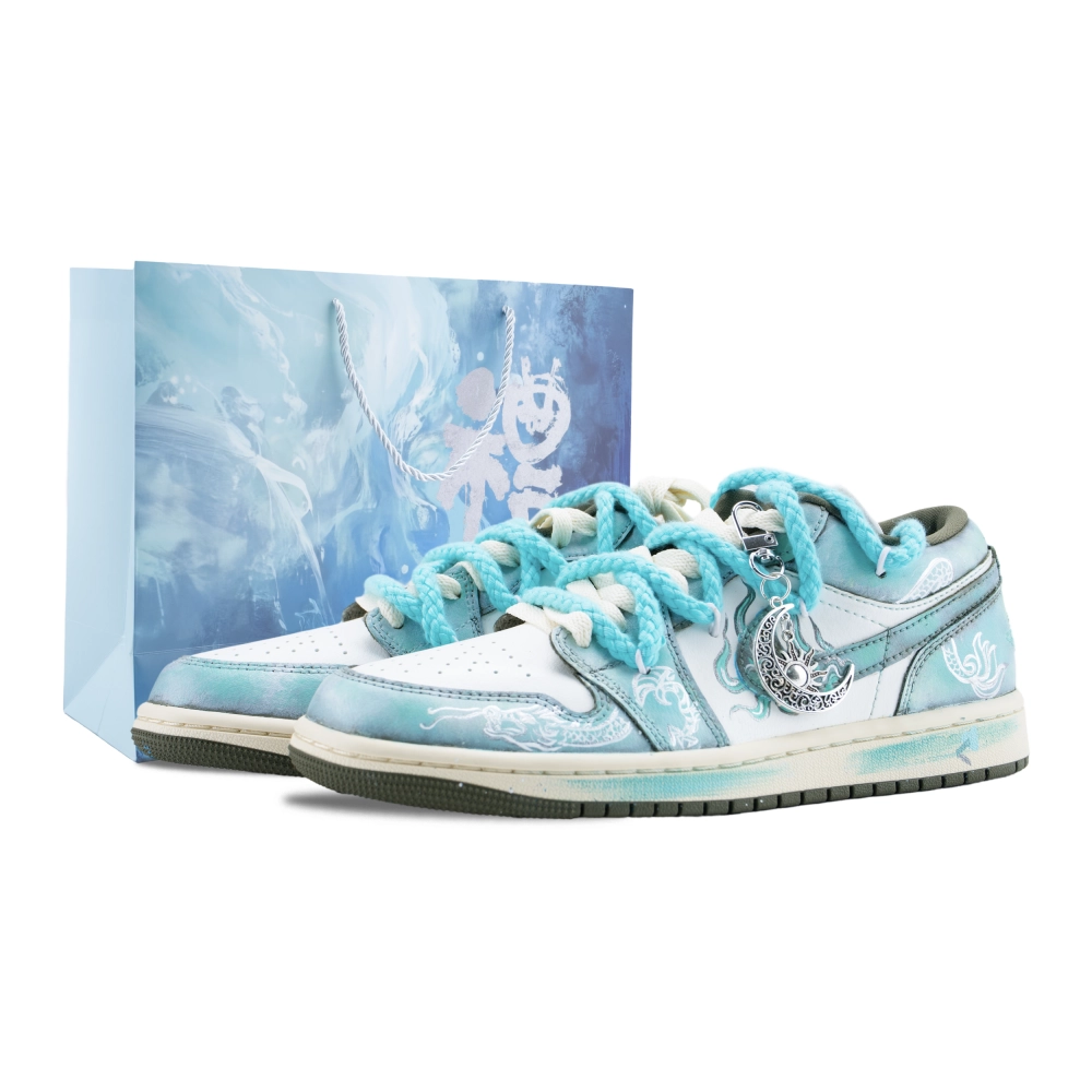 Jordan Air Jordan 1 You Long Qingying Abrasion Resistant Low top Vintage Basketball Shoes Unisex Cyan