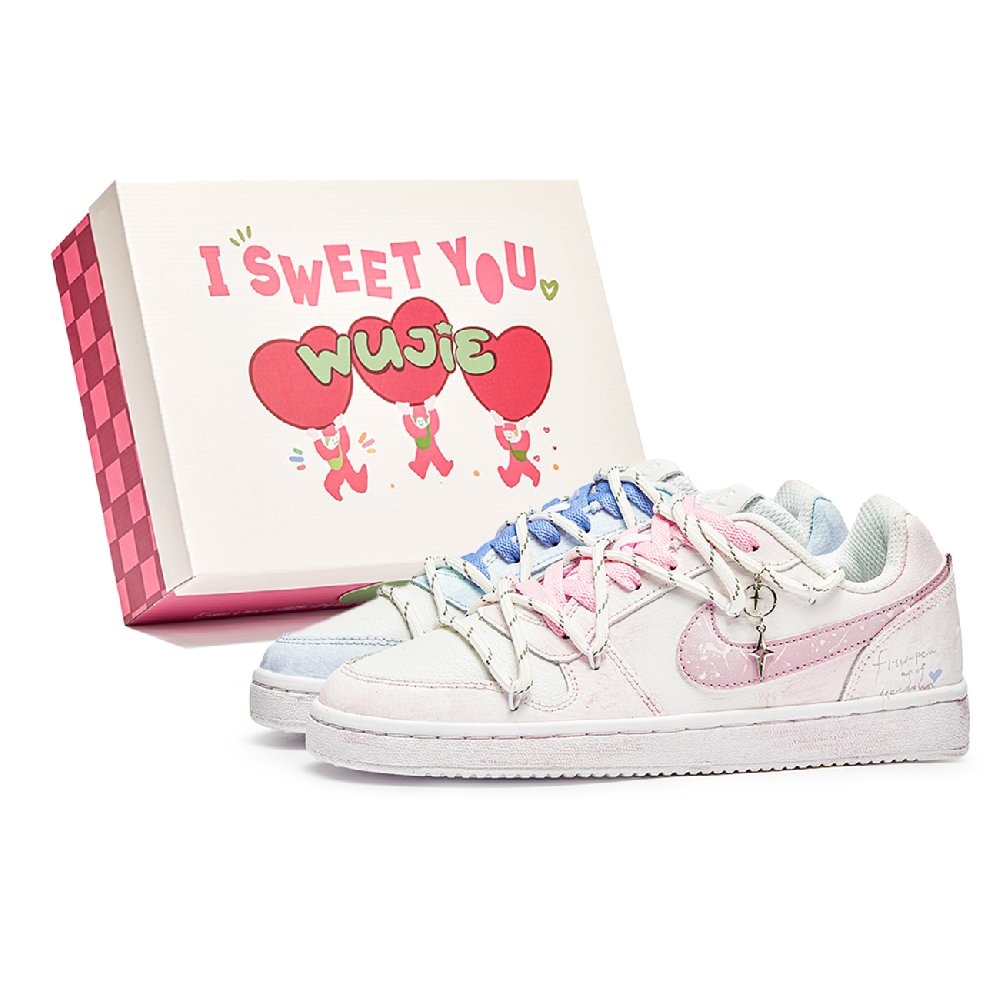 Nike EBERNON WuJie, Box, Cupid Slip Resistant Low Top Skateboard Shoes Unisex Pink Blue
