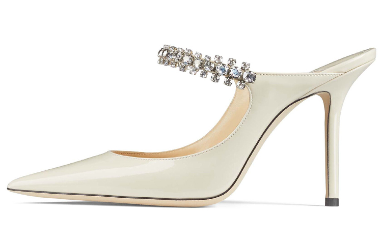 Jimmy Choo Linen White Bing 100 Crystal Anklet Patent Leather Mules