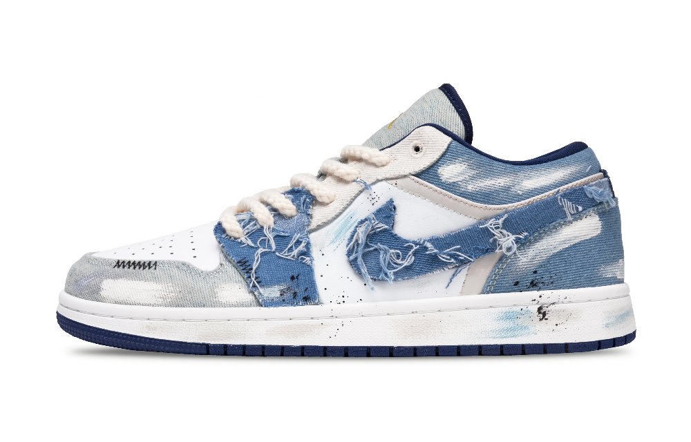 Jordan Air Jordan 1 Distressed Denim Anti Slip Wear Resistant Low Top Vintage Basketball Shoes Men's Sky Blue