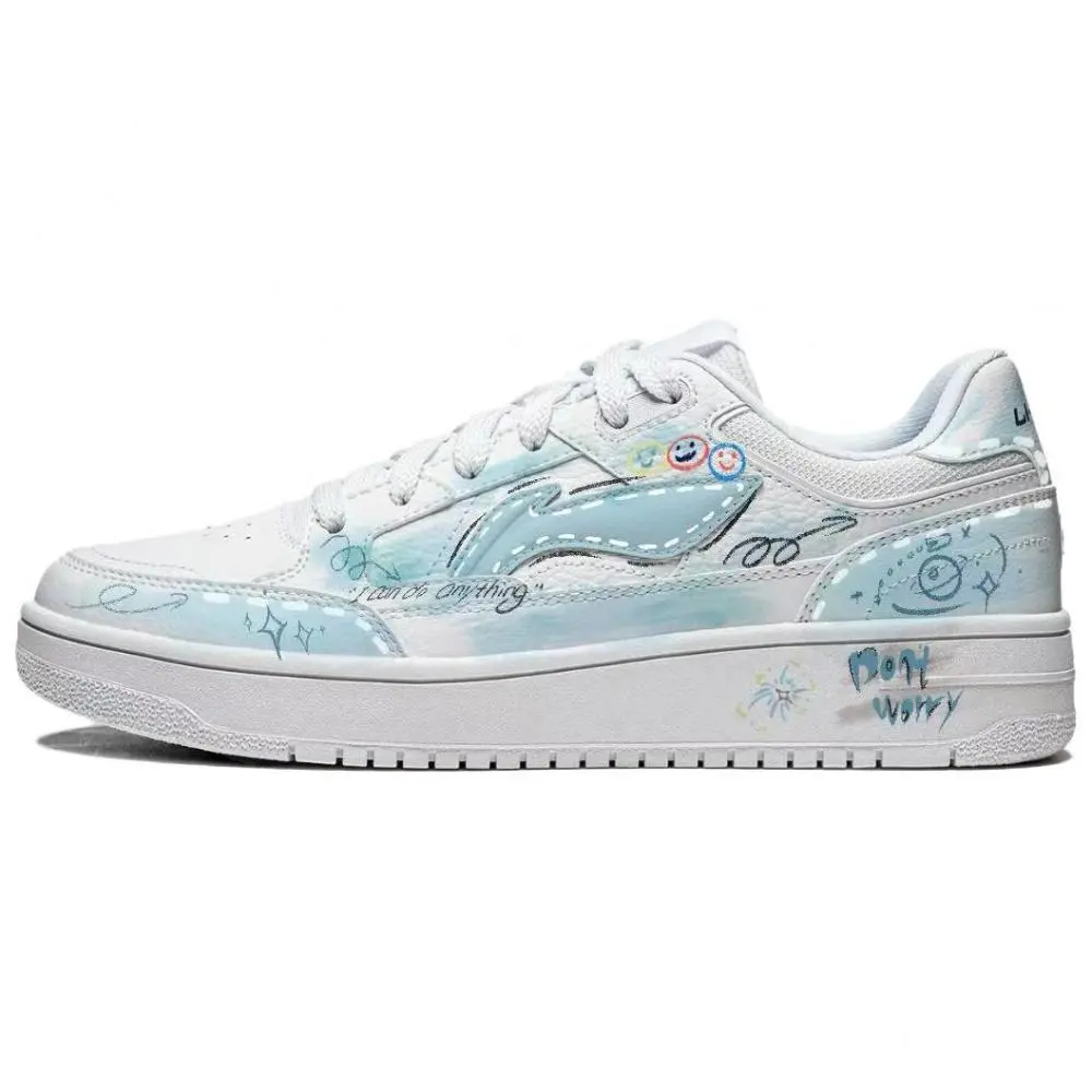 LiNing Tianji Graffiti Artistic Cushioning, Wear Resistant Low top Skateboard Shoes Unisex White Blue