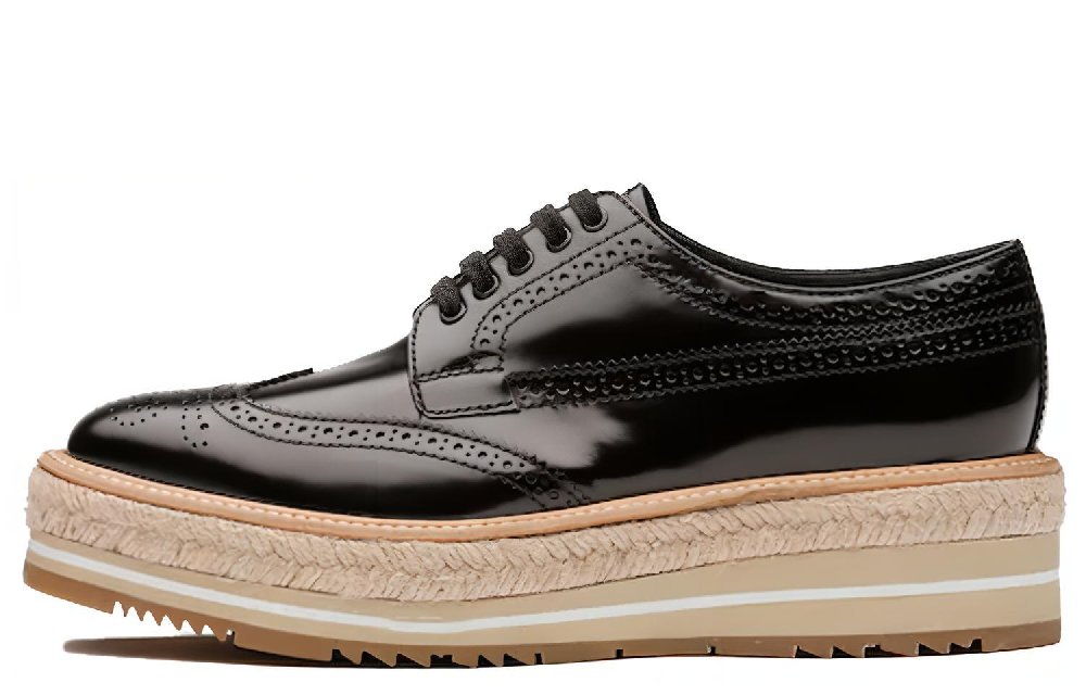 PRADA Brogue Trim Microsole Brushed Leather Shoes 'Black' Women's