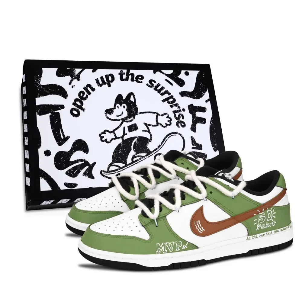 Nike Dunk Black White, American Vintage Abrasion Resistant Low top Skateboard Shoes Unisex Green Brown