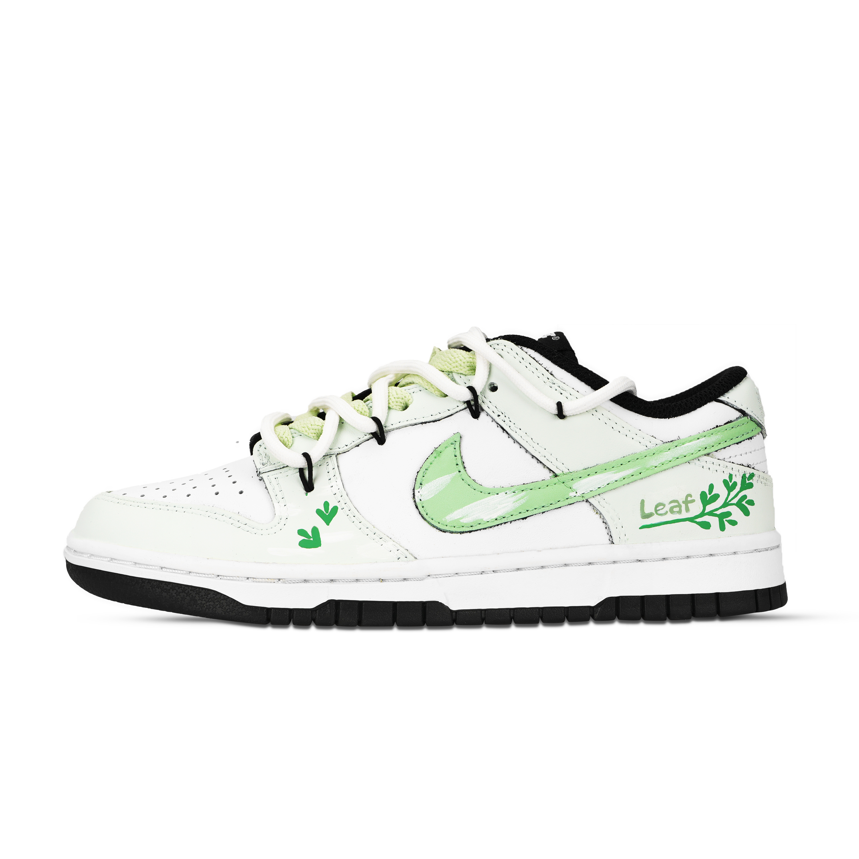 Nike Dunk Black White, Green Leaf Footprints Abrasion Resistant Low top Skateboard Shoes Unisex White Green