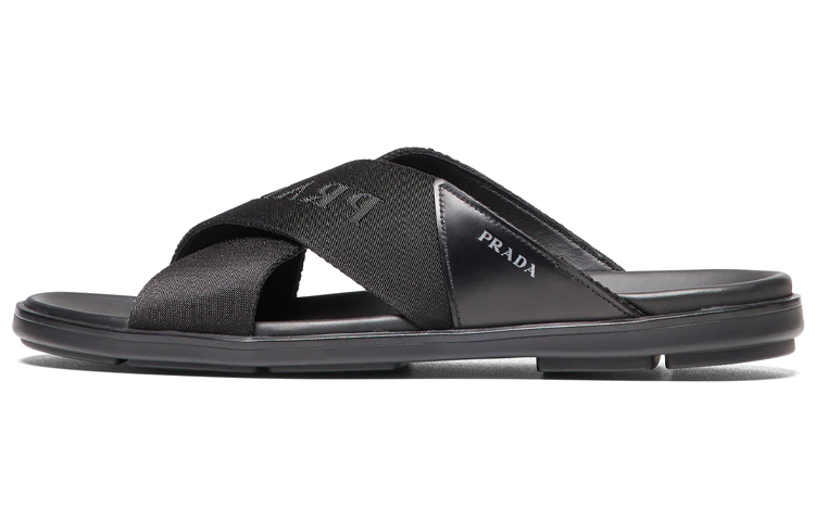 PRADA Nylon Tape Crisscross Slides Black Leather Men's