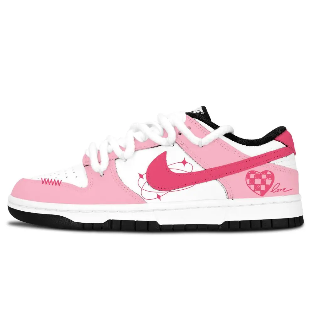Nike Dunk Black White, Pink Heart Spin Abrasion Resistant Low top Skateboard Shoes Unisex Pink