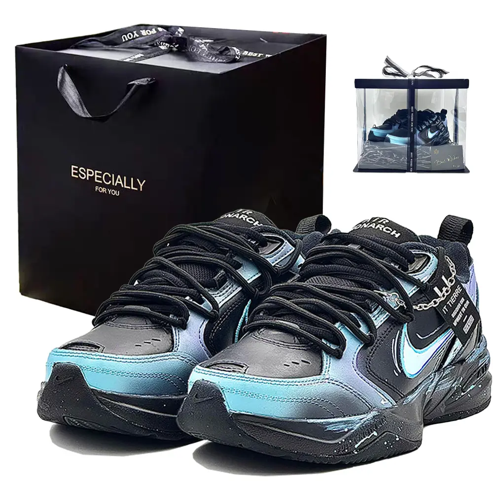 Nike Air Monarch 4 Neon Code Cushioning, Wear Resistant Low top Chunky Sneakers Unisex Blue Black