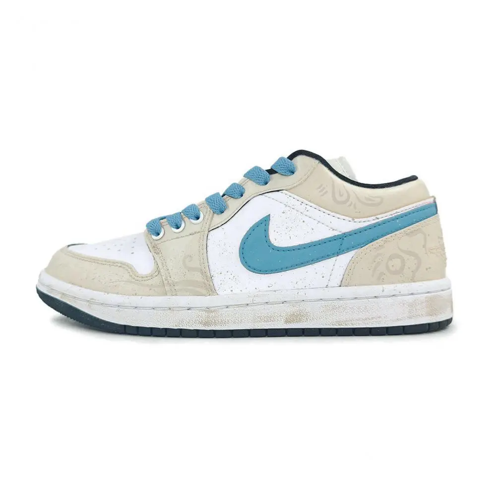 Jordan Air Jordan 1 Slip-Resistant Low-Top Vintage Basketball Shoes Unisex Brown White Blue