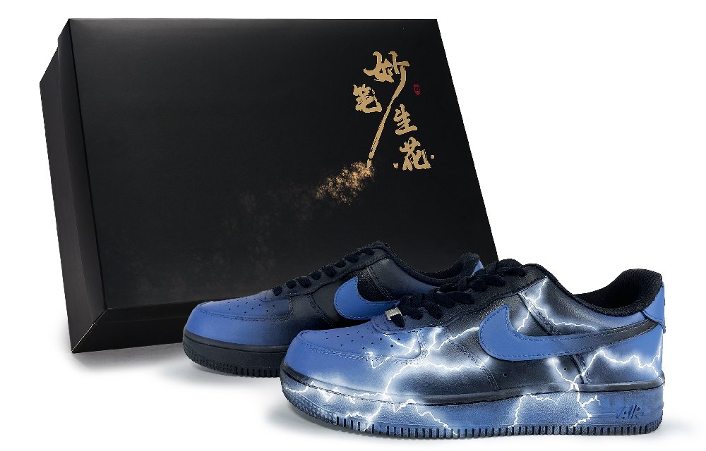 Nike Air Force 1 Wondrous Brush Blossoms, Thunder Realm Abrasion Resistant Low Top Skateboard Shoes Unisex Black Blue