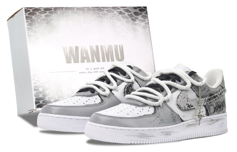Nike Air Force 1 Oil Paintings Graffiti Coverage Abrasion Resistant Balance Low Top Skateboard Shoes Men's White Gray
