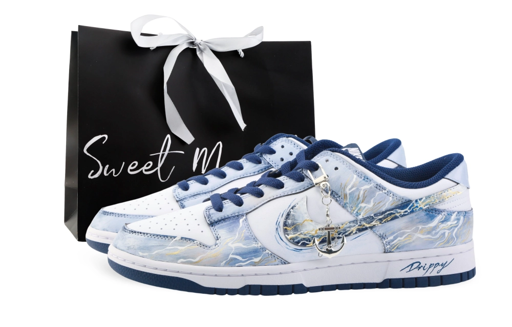 Nike Dunk Drippy Tianjingdu Abrasion Resistant Low top Skateboard Shoes Unisex Blue White Gold