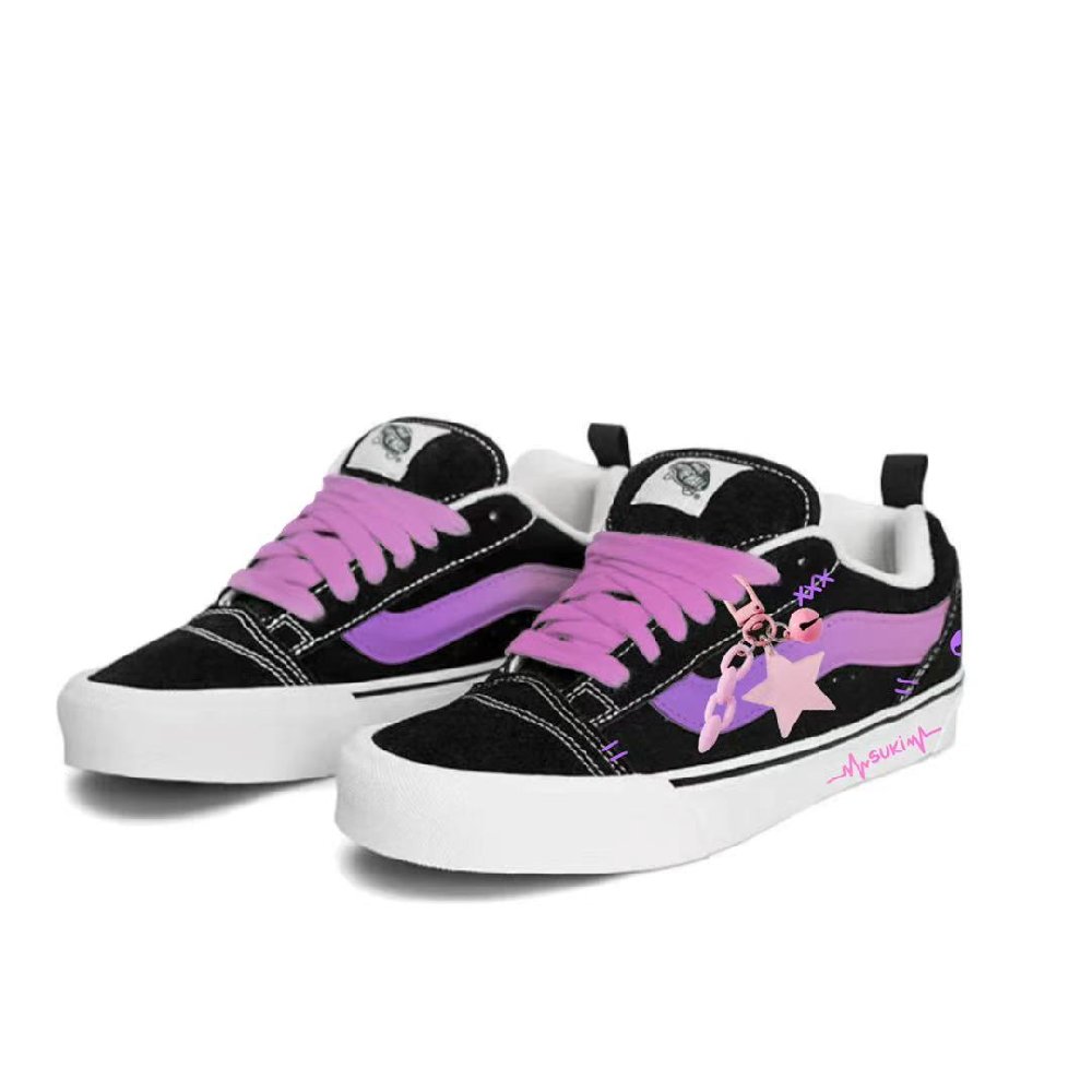 Vans Knu Skool Sweet And Spicy Skeleton Anti Slip Wear Resistant Low Top Skateboard Shoes Unisex Black Pink