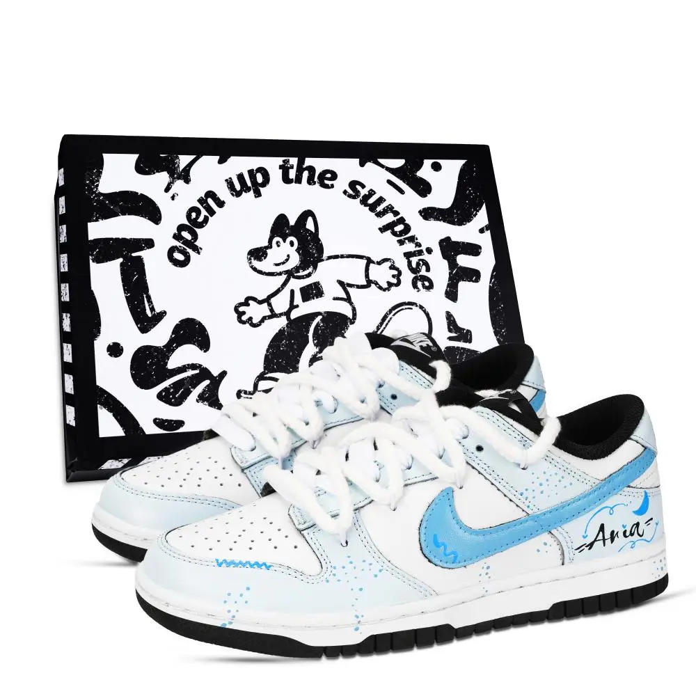 Nike Dunk Black White, Love Moon Sigh Abrasion Resistant Low Top Skateboard Shoes Unisex Blue White