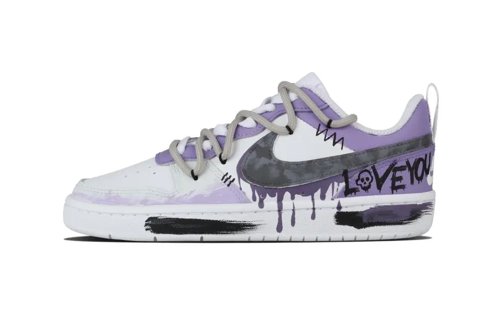 Nike Court Vision 1 Purple Skull Love Heart Abrasion Resistant Low top Skateboard Shoes Unisex Purple Black