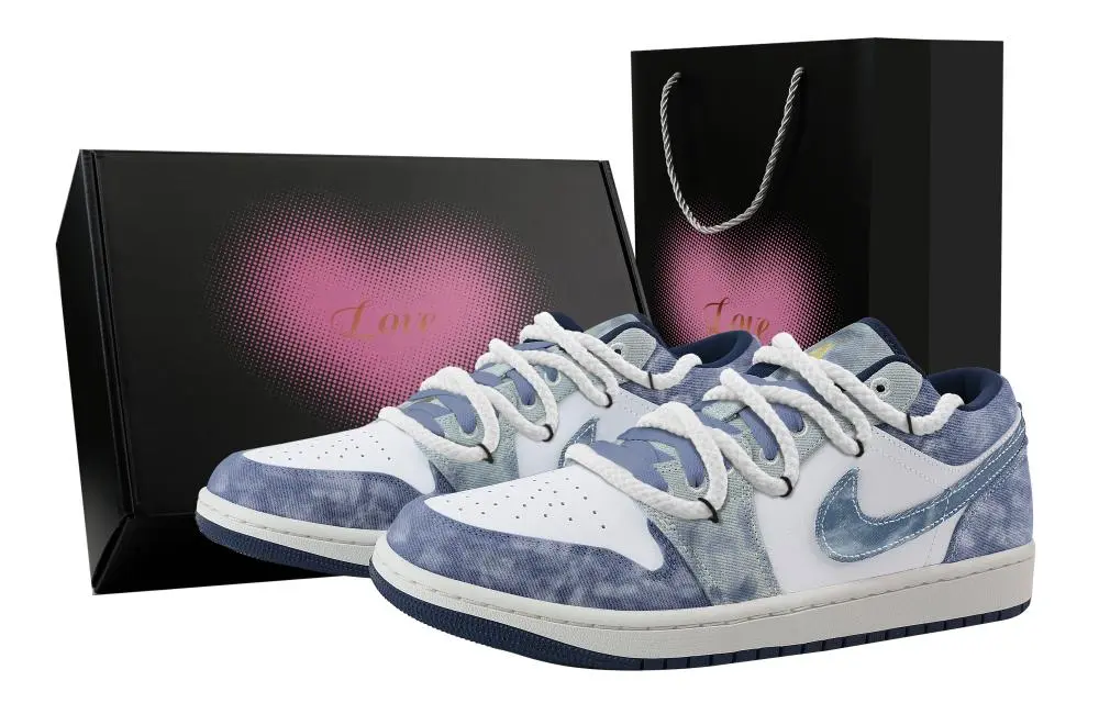 Jordan Air Jordan 1 Nebula, Heart Box Wear resistant And Waterproof Low top Vintage Basketball Shoes Men's White Blue