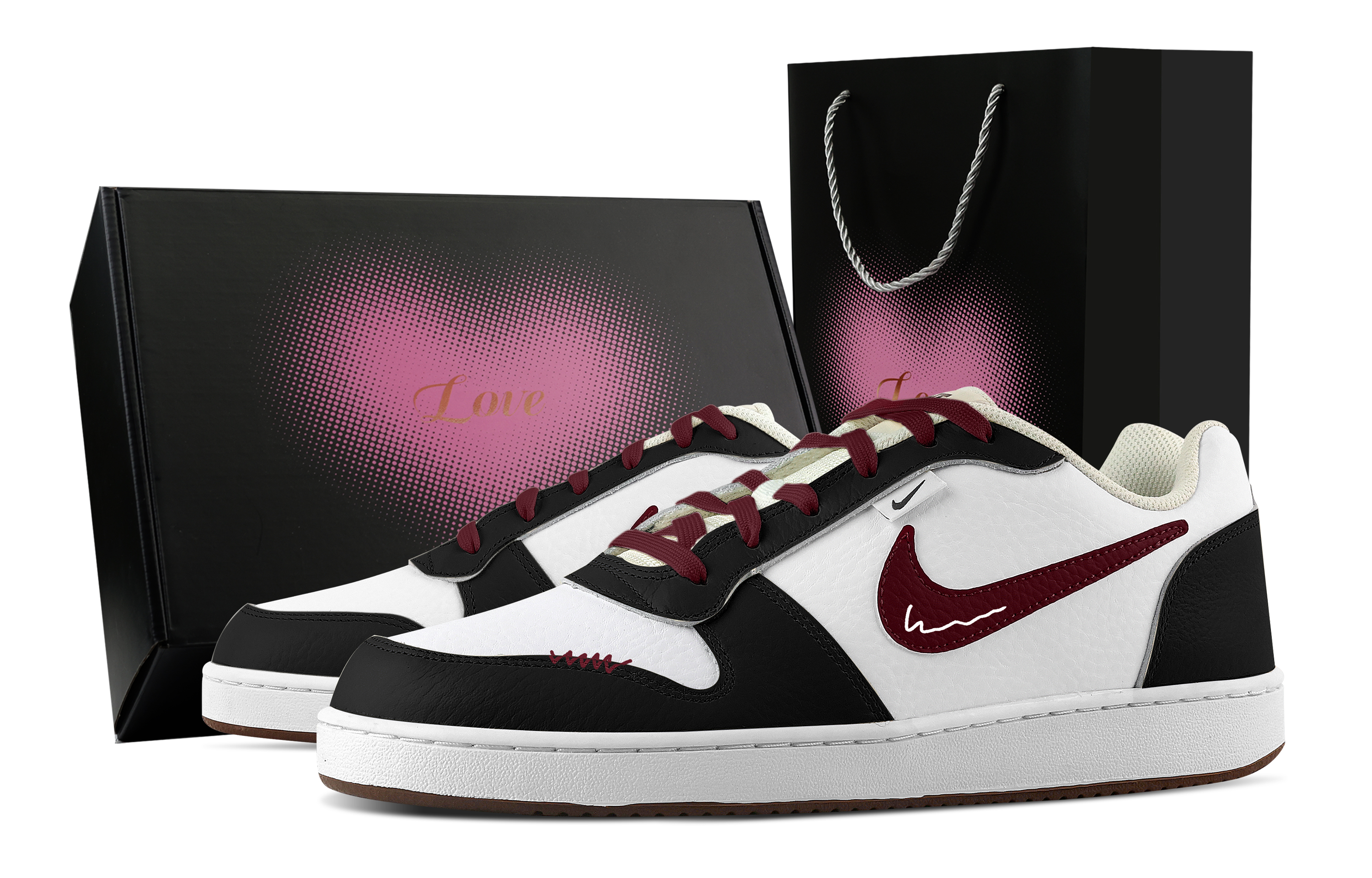 Nike EBERNON Red Flame Border, Heart Box Abrasion Resistant Low top Skateboard Shoes Men's Black White Red