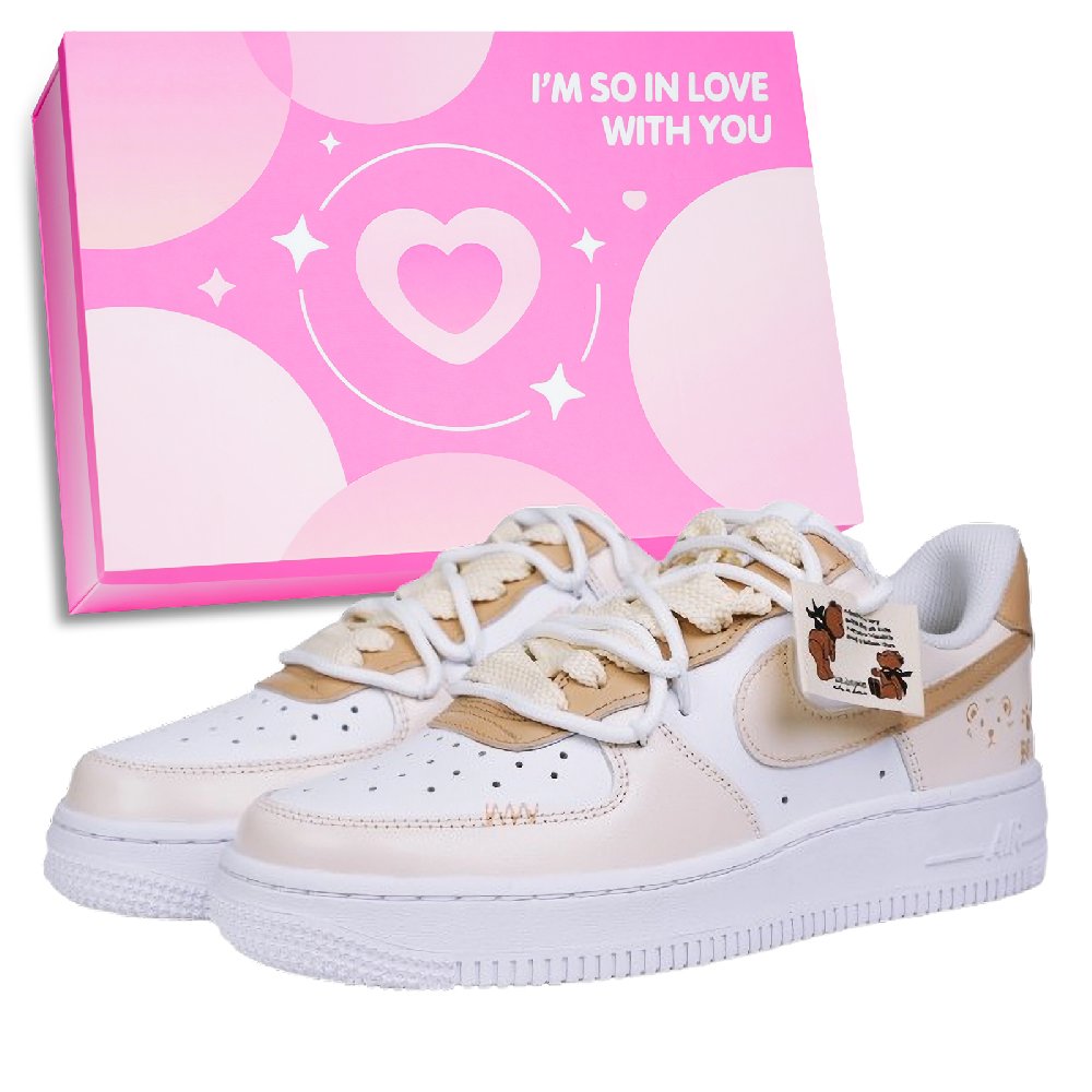 Nike Air Force 1 Little Bear English Anti Slip Wear Resistant Low Top Skateboard Shoes Unisex Brown White