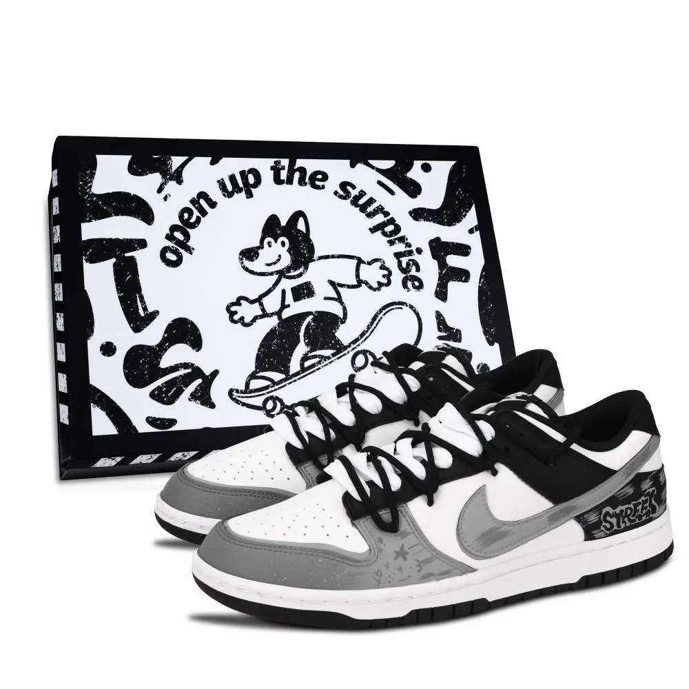 Nike Dunk Black White, Street Letter Abrasion Resistant Low top Skateboard Shoes Unisex Gray