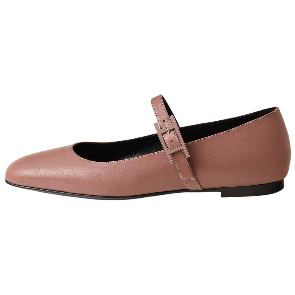 HERMES Jane Flat Mary Jane Shoes Women's Rose Red