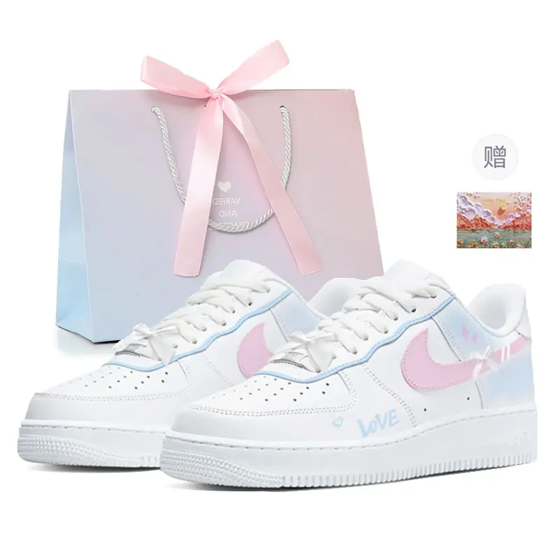 Nike Air Force 1 Sweet Star Falling Blue Shopping Bag Low top Skateboard Shoes Women's Blue Pink