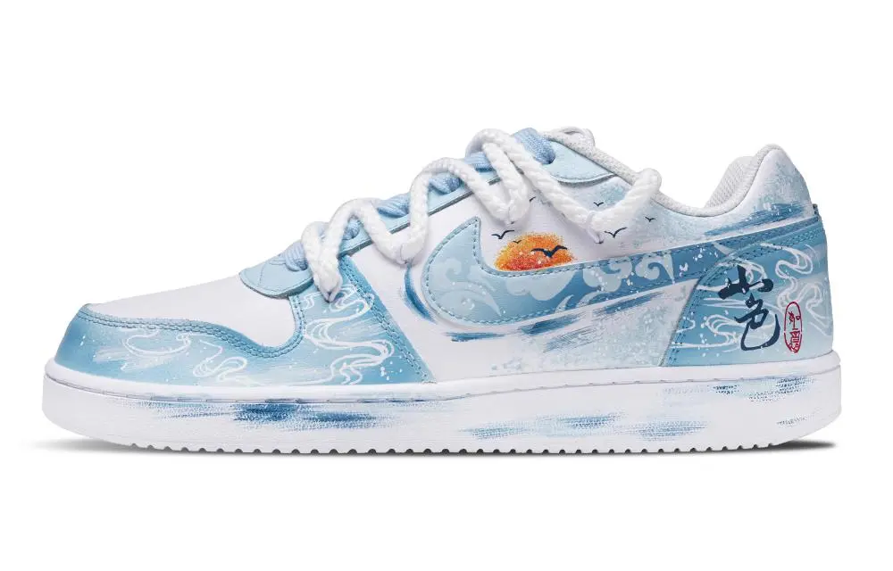 Nike EBERNON Pandora, Mountain Scenery Ruyi Abrasion Resistant Low Top Skateboard Shoes Unisex White Blue