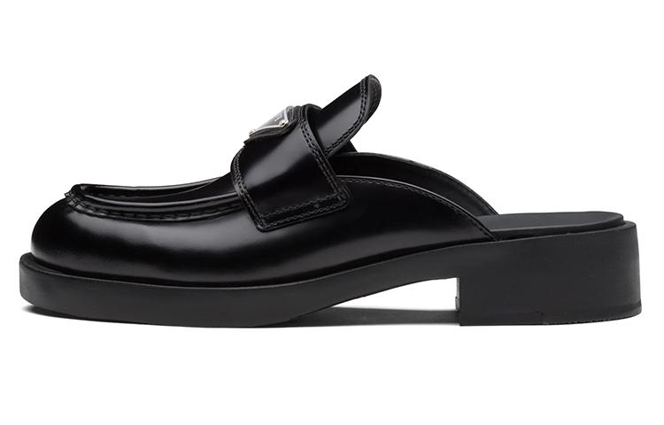 PRADA Chocolate Brushed Leather Mules 'Black' Women's