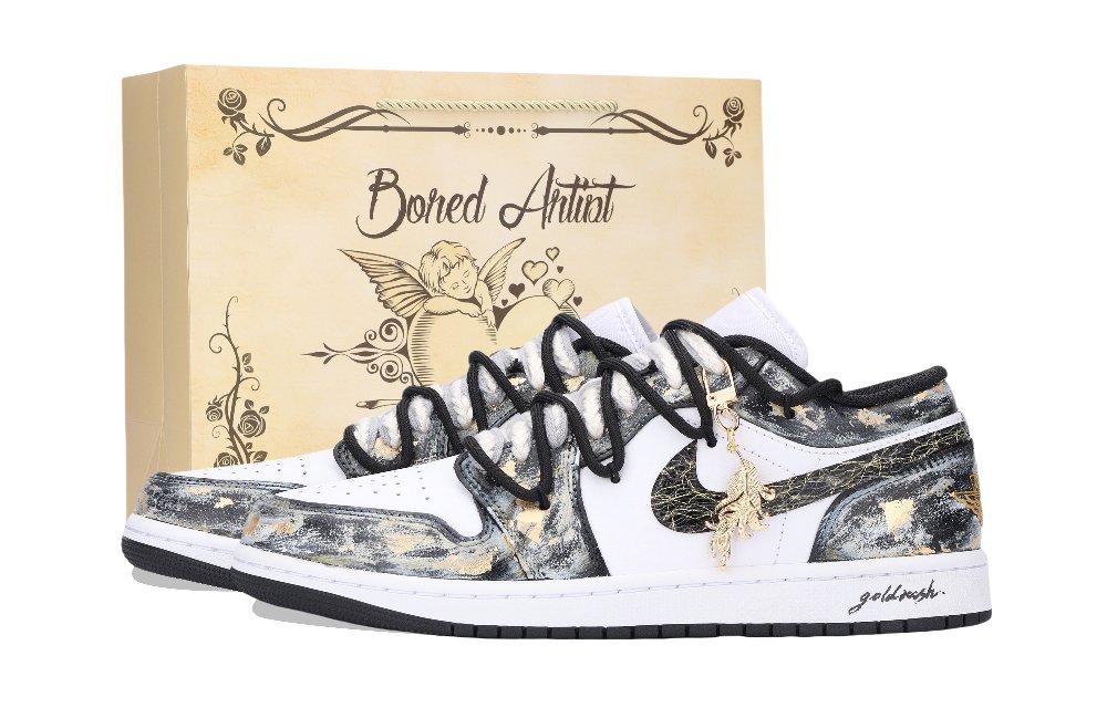 Jordan Air Jordan 1 Gold Rush Abrasion Resistant Low Top Vintage Basketball Shoes Unisex Black Gold