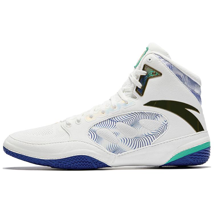 Anta Anti-Slip Wear-Resistant High-Top Professional Wrestling Shoes Men's White Black Blue