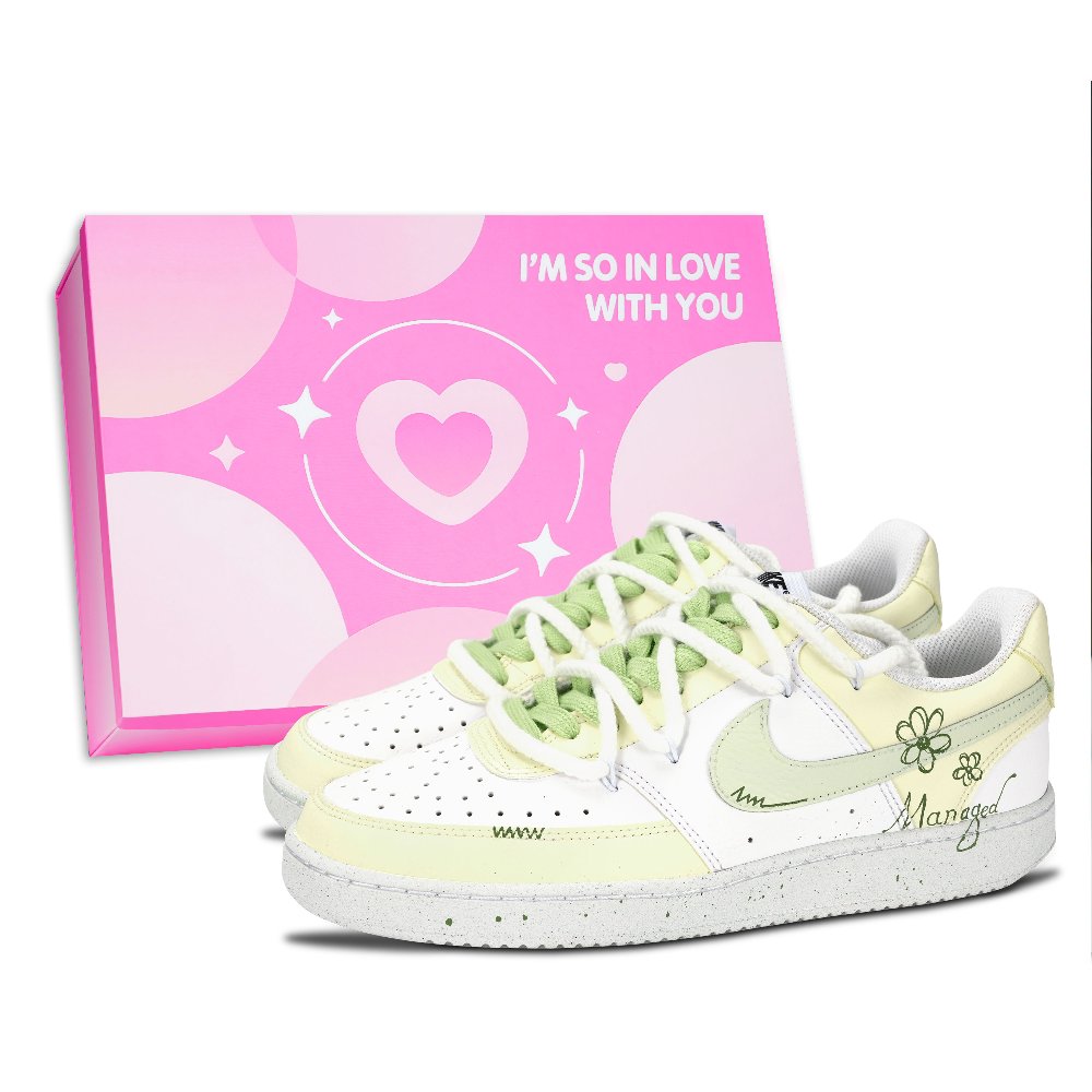 Nike Court Vision 1 Green Shade Small Flower Abrasion Resistant Low Top Skateboard Shoes Unisex Light Yellow