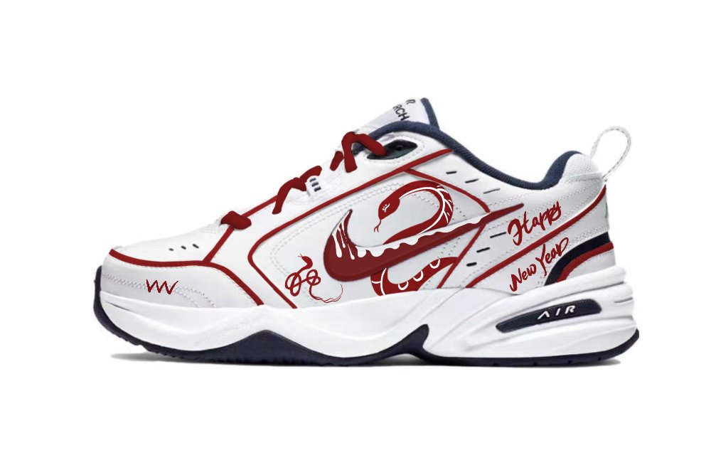 Nike Air Monarch 4 Anti-Slip Wear-Resistant Low-Top Chunky Sneakers Unisex White Red