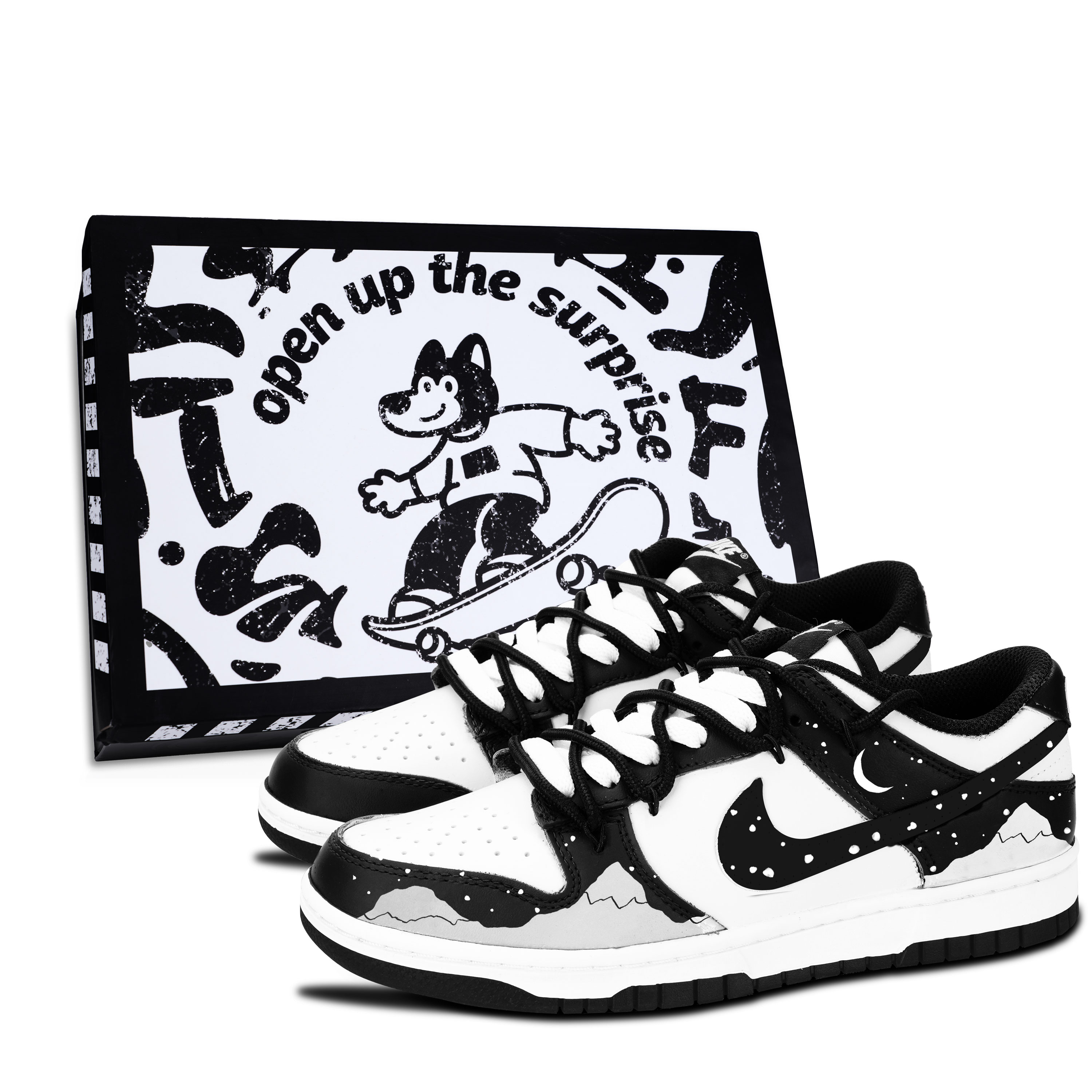 【定制球鞋】Nike Dunk 黑白熊猫 墨韵夜山 个性 时尚 百搭 独特礼盒 耐磨防滑 低帮 板鞋 男女同款 黑色