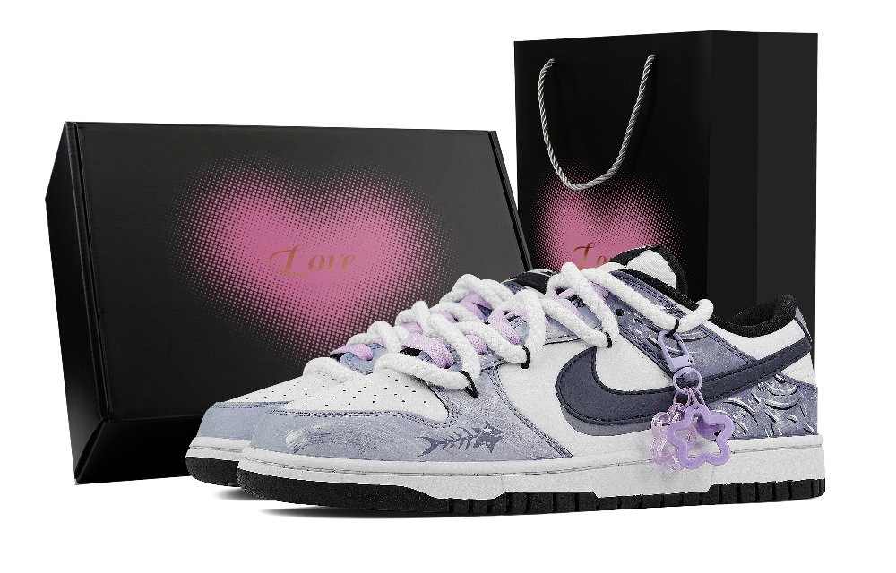 Nike Dunk Stars Fishbone, Heart Box Abrasion Resistant Low Top Skateboard Shoes Unisex Purple White