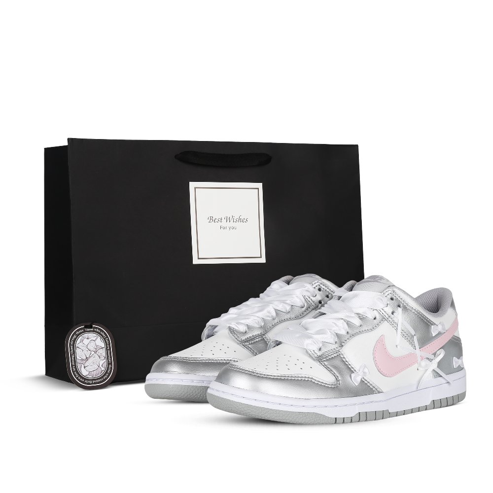 Nike Dunk Ballet Girlish Anti-Slip Wear-Resistant Low-Top Skateboard Shoes GS Silver Pink