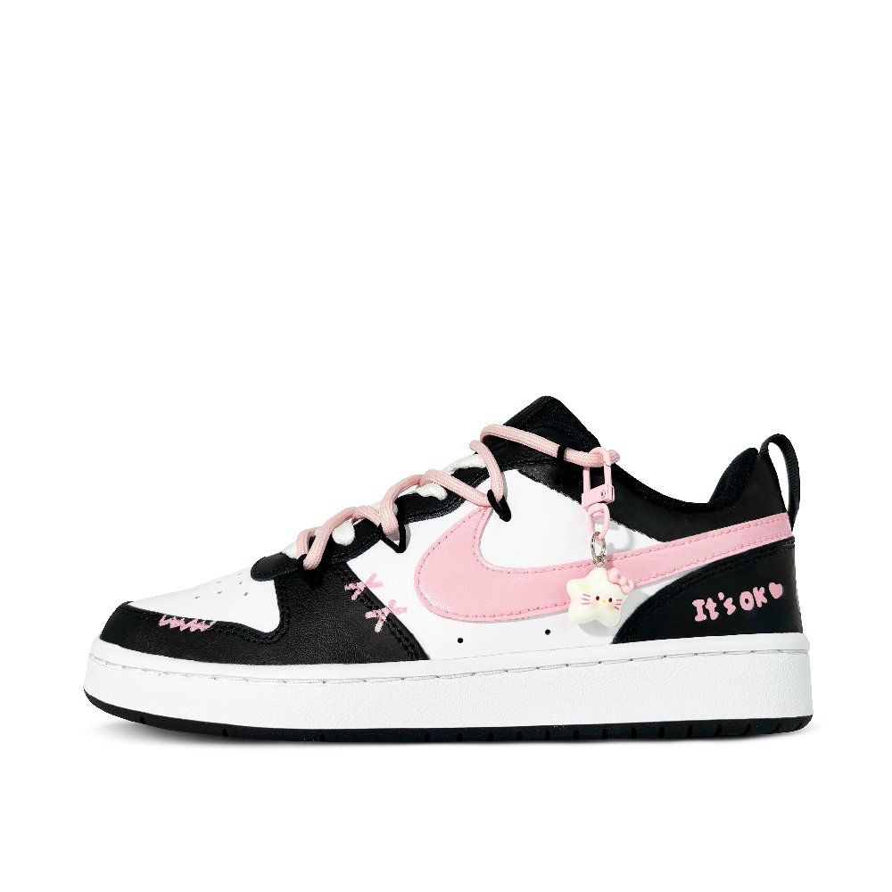 Nike Court Borough OK Meow Anti-Slip And Wear-Resistant Lightweight Low-Top Skateboard Shoes GS Black Pink White