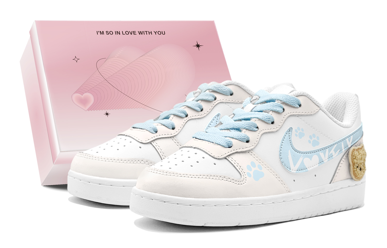 Nike Court Borough Romantic Favor, Heart Bear Low top Skateboard Shoes Women's Pink Blue