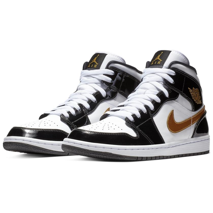 Jordan 1 Mid Patent Black White Gold купить в интернет-магазине Yoocart с быстрой доставкой по России.