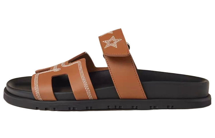 HERMES Chypre Rubber Sole Slip-Resistant Slide Slippers Women's Brown