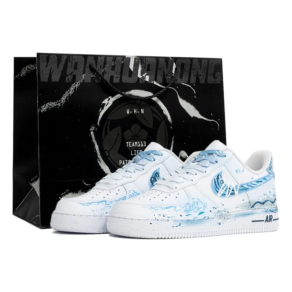 Nike Air Force 1 Kaleidoscope, Wave, Shopping Bag Abrasion Resistant Low top Skateboard Shoes Unisex White Blue