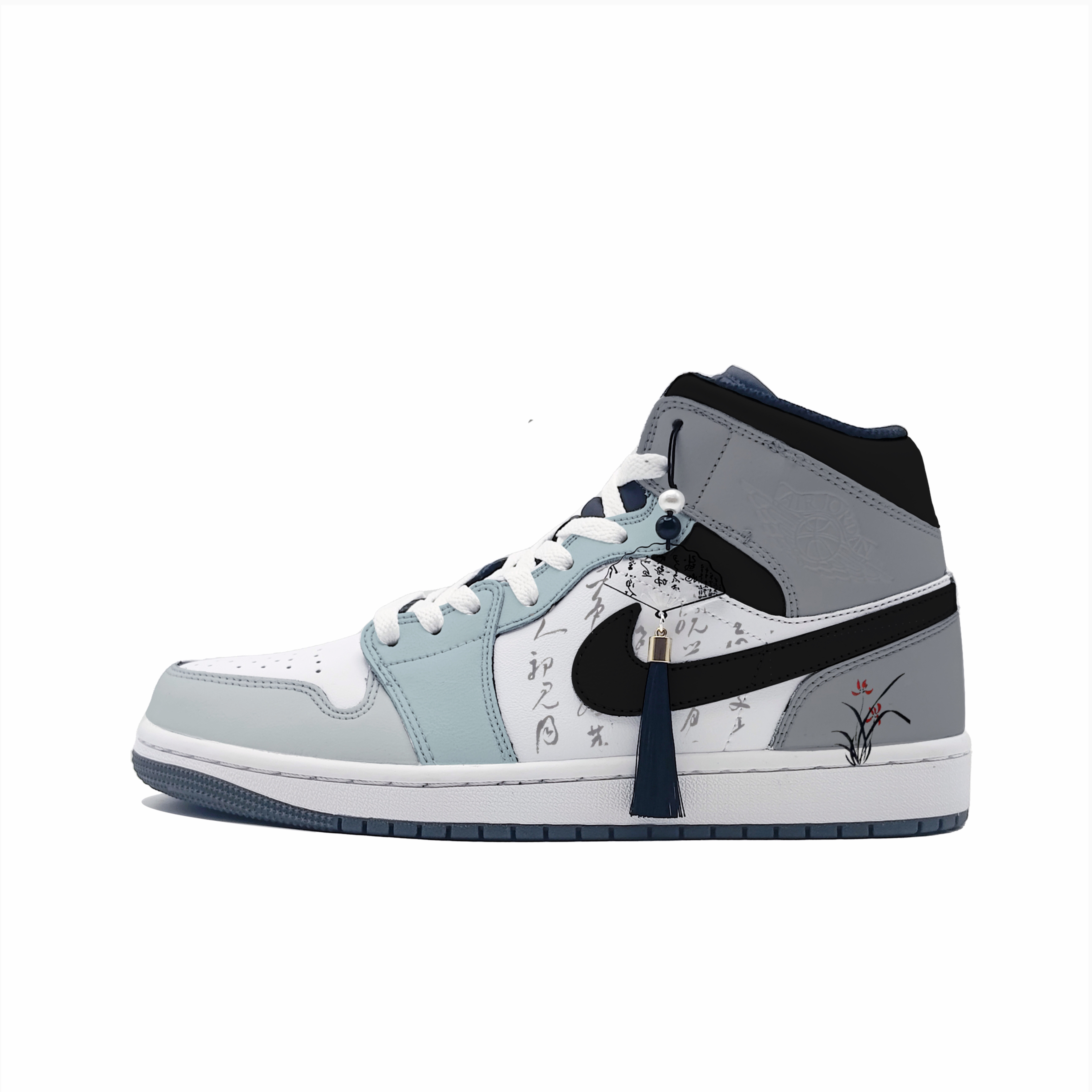 Jordan Air Jordan 1 Mist Blue String, Falling Breeze Abrasion Resistant Mid top Vintage Basketball Shoes Unisex Gray