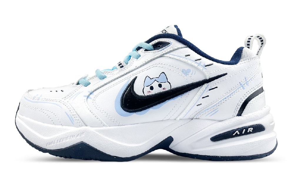 Nike Air Monarch 4 White Navy Anti Slip And Wear Resistant Height Increasing Low Top Chunky Sneakers Unisex White Blue