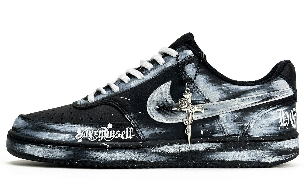 Nike Court Vision Gothic, Dark Shadow Knight, Thorn Rose Abrasion Resistant Low Top Skateboard Shoes Unisex Black White