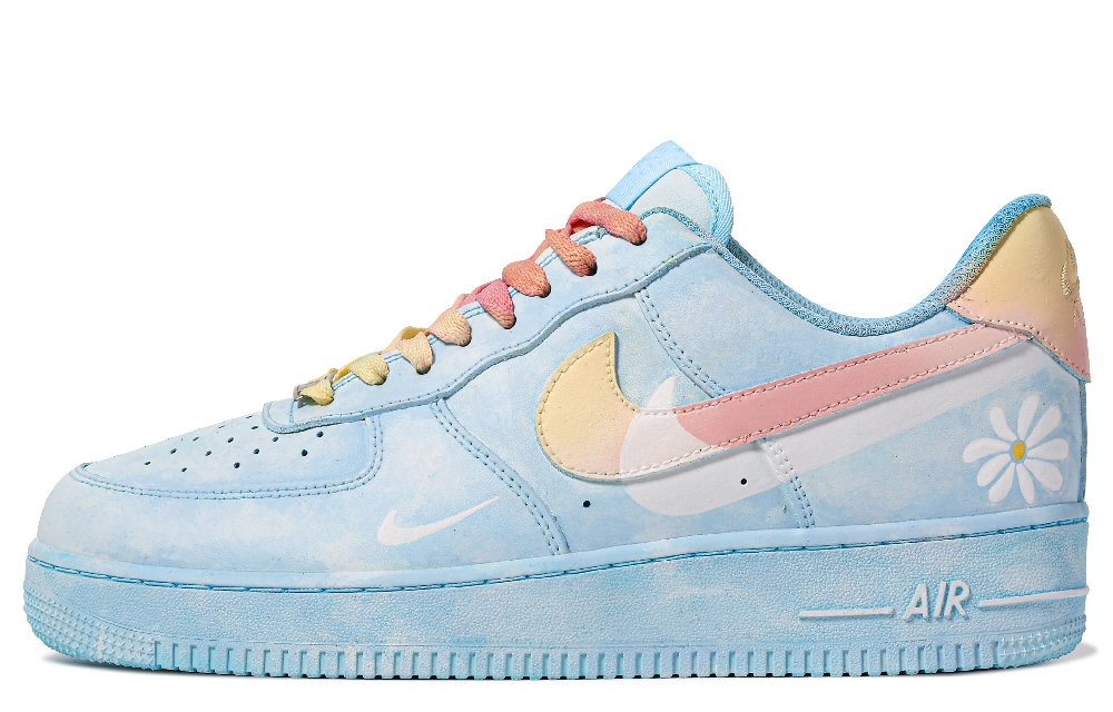 Nike Air Force 1 Low Da Vinci Custom, Carolina Blue Low Top Skateboard Shoes Men's Blue Pink Yellow
