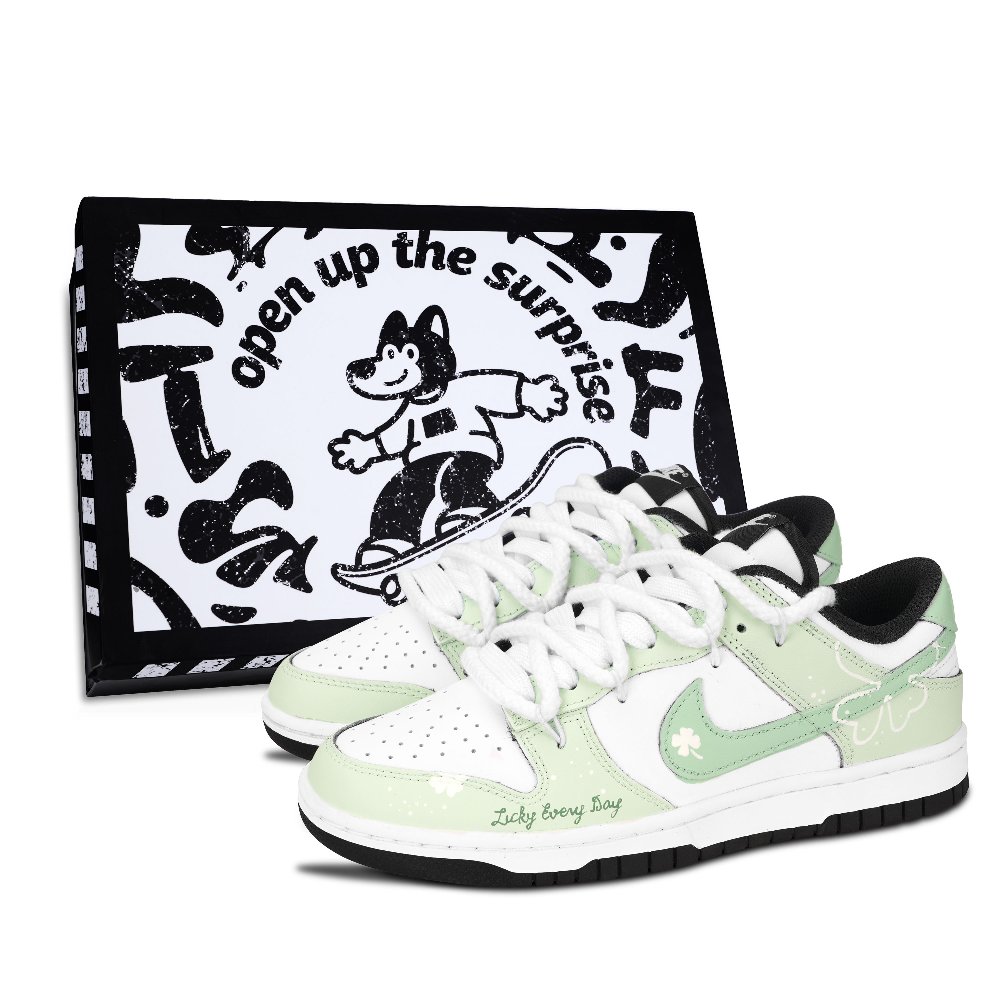 Nike Dunk Black White, Green Road Lucky Abrasion Resistant Low Top Skateboard Shoes Unisex Green