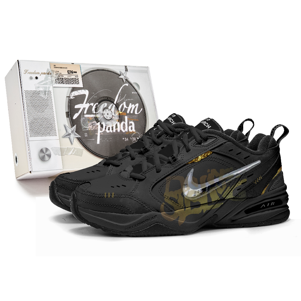 Nike Air Monarch 4 Free Panda Box Anti-Slip Wear-Resistant Low-Top Chunky Sneakers Unisex Black Gold