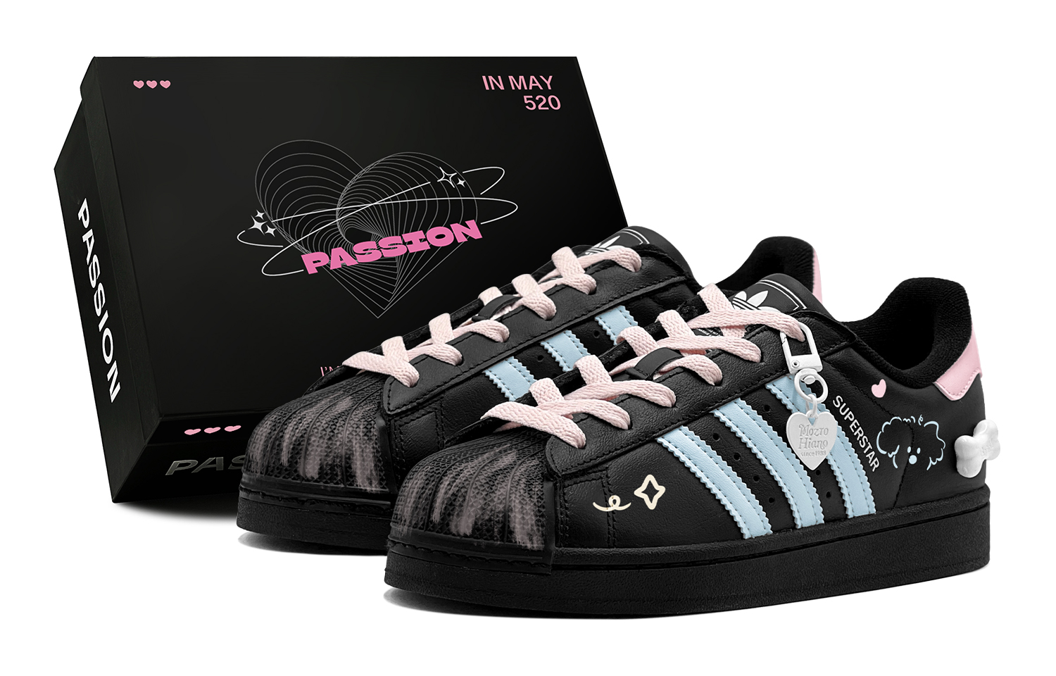 Adidas Originals Superstar 2 Special Shoe Box, Romantic Treatment, Cute Puppy Low top Skateboard Shoes Unisex Blue Pink